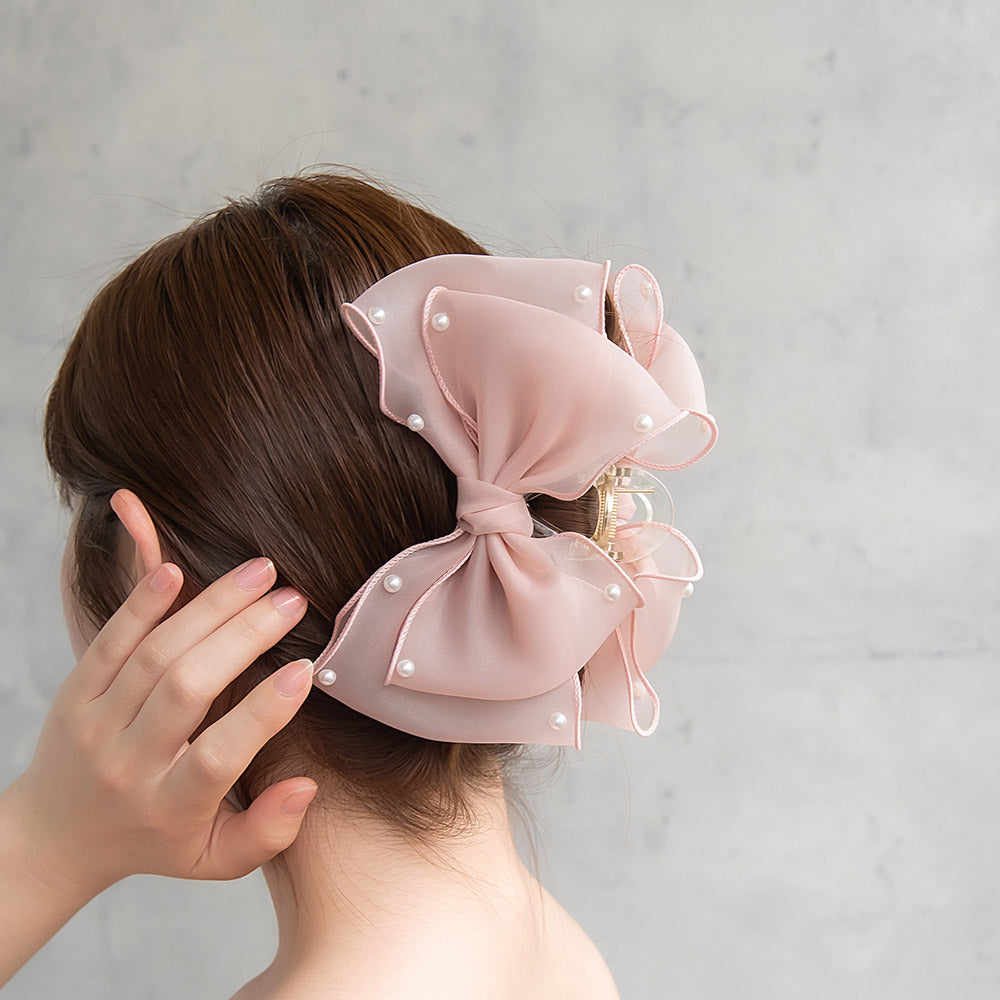 ヘアクリップ レイヤード ビッグ リボン シアー ポイント パール クリア カラー ロール バンスクリップ