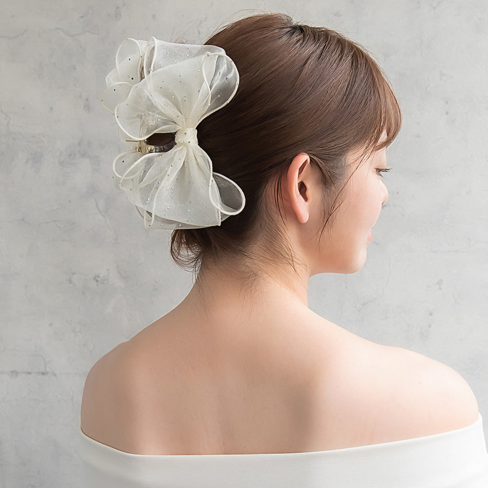 ヘアクリップ ビッグ ダブル リボン シマー ドット パイピング クリア
