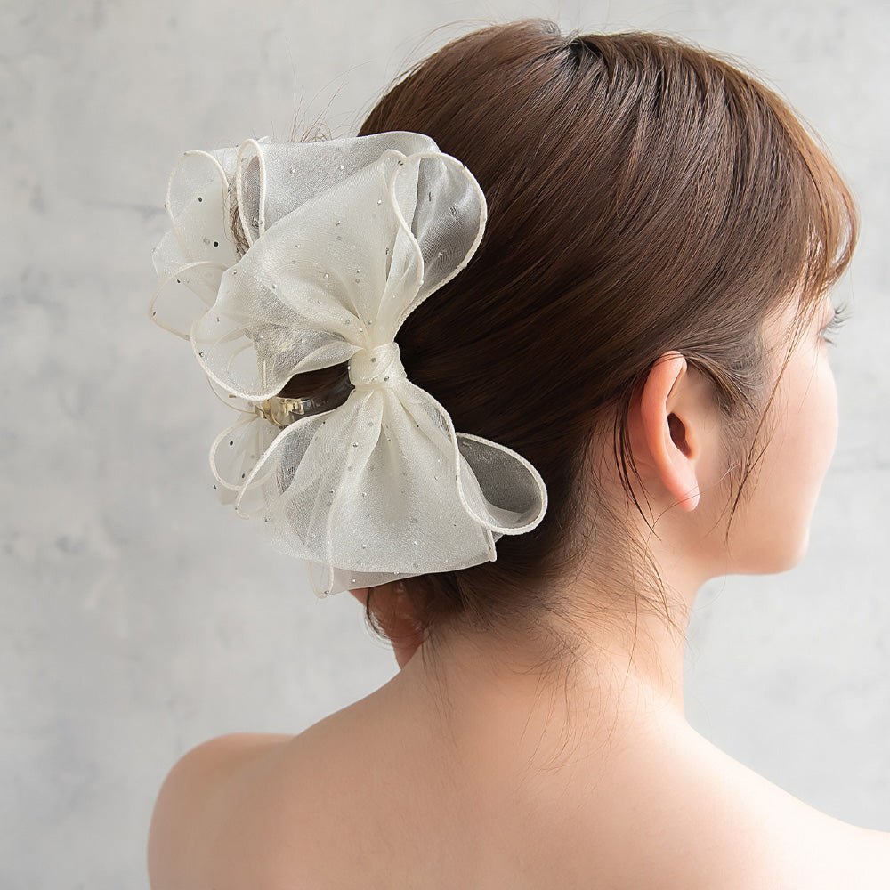 ヘアクリップ ビッグ ダブル リボン シマー ドット パイピング クリア