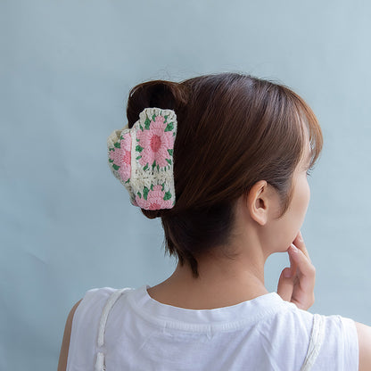 ヘアクリップ フラワー 花 いちご 苺 くだもの 柄 かぎ編み クリア バンスクリップ