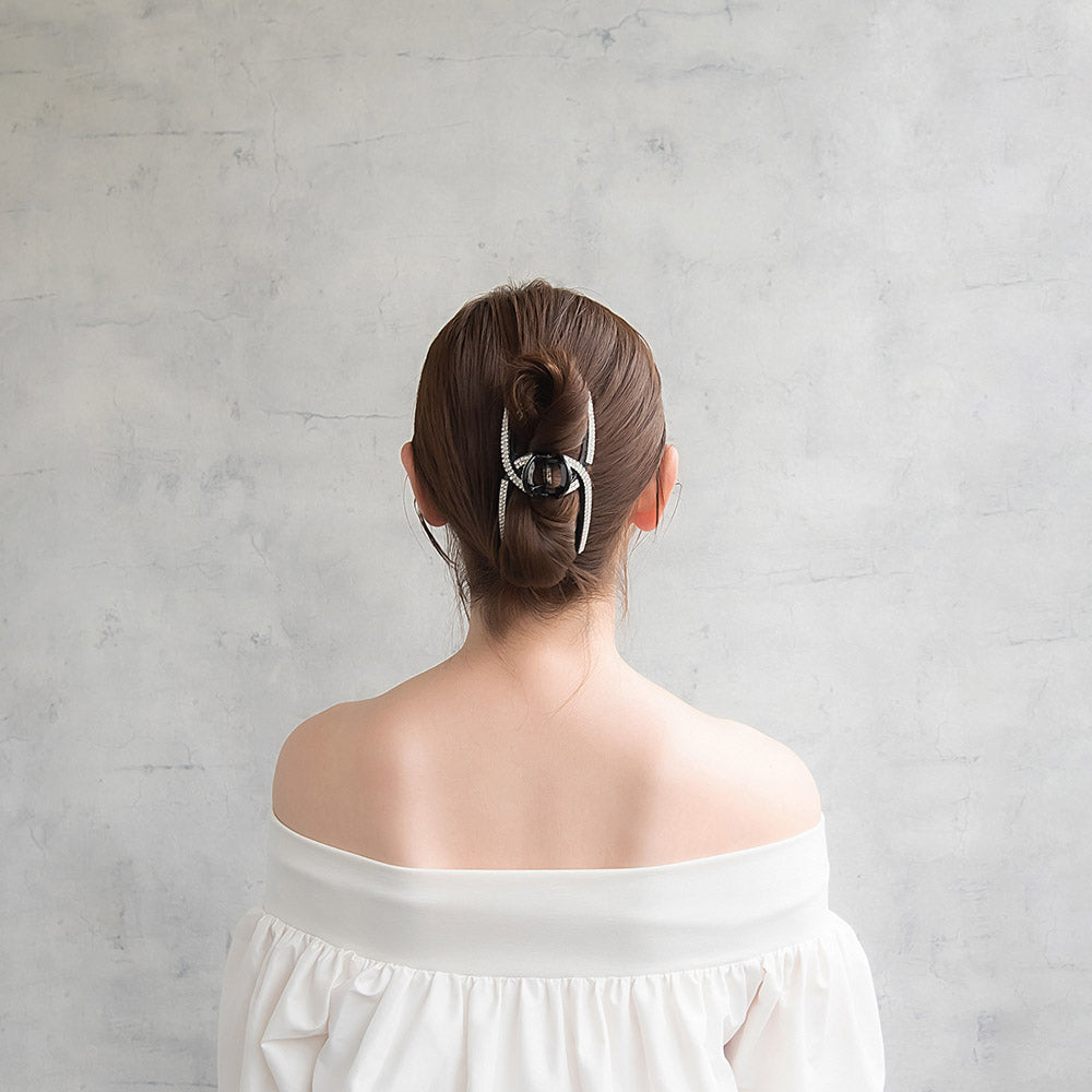 グレーのストーン付きヘアクリップ ヘアクリップ ボリューム レイヤード ループ グログラン リボン