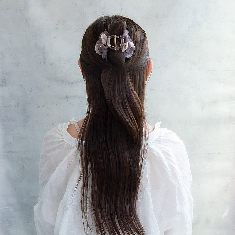 ヘアクリップ ダブル フラワー シアー シマー カラー ストーン ロール バンスクリップ