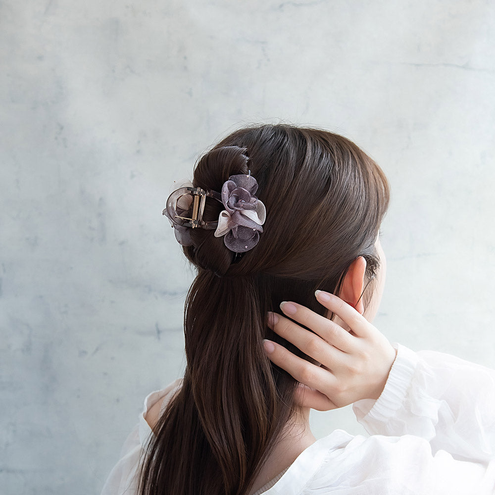 ヘアクリップ ダブル フラワー シアー シマー カラー ストーン ロール バンスクリップ