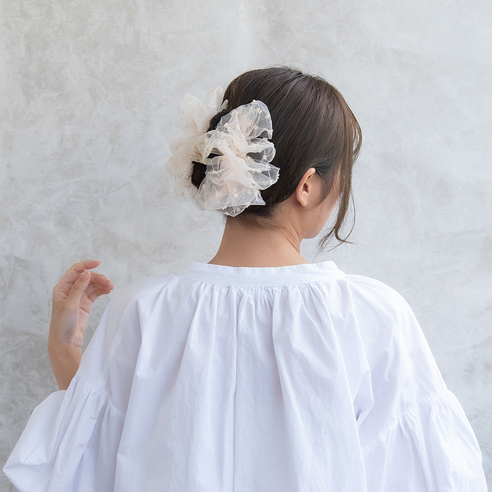 ヘアクリップ ボリューム リボン フリル チュール ビーズ ロール