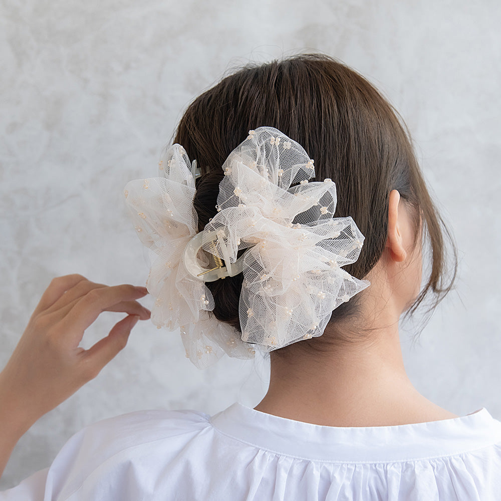 ヘアクリップ ボリューム リボン フリル チュール ビーズ ロール