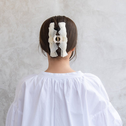 ヘアクリップ シアー ダブル リボン シルバー ドット ロール バンスクリップ