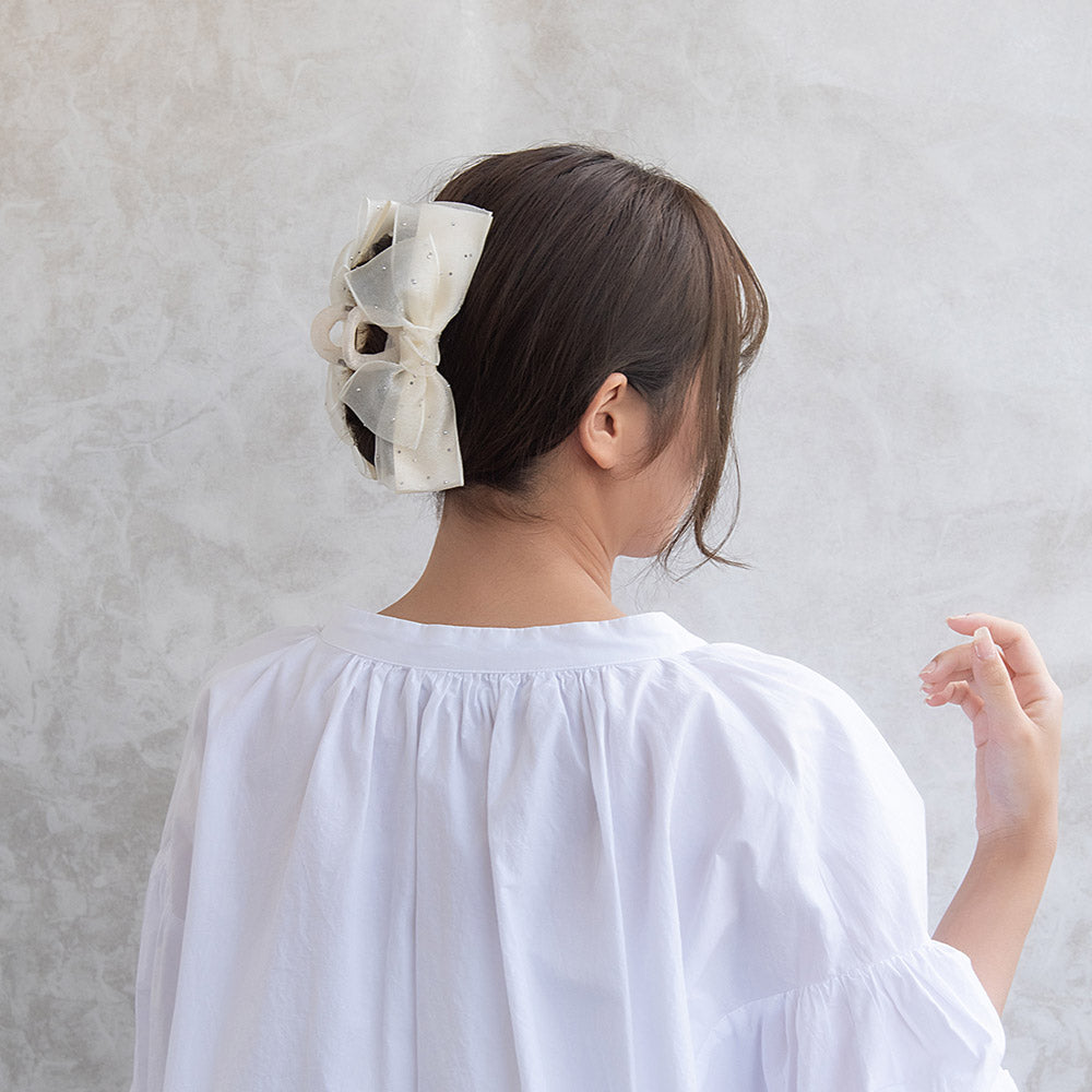 ヘアクリップ シアー ダブル リボン シルバー ドット ロール バンス