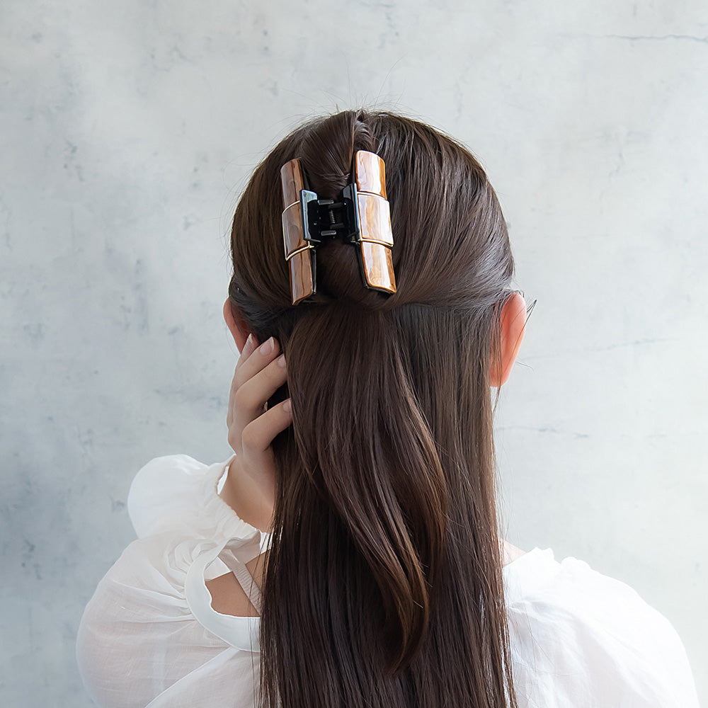 ヘアクリップ メタルフレーム マーブル カラー トリプル スクエア バンスクリップ