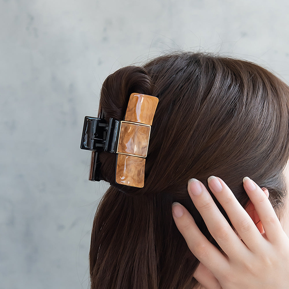 ヘアクリップ メタルフレーム マーブル カラー トリプル スクエア バンスクリップ