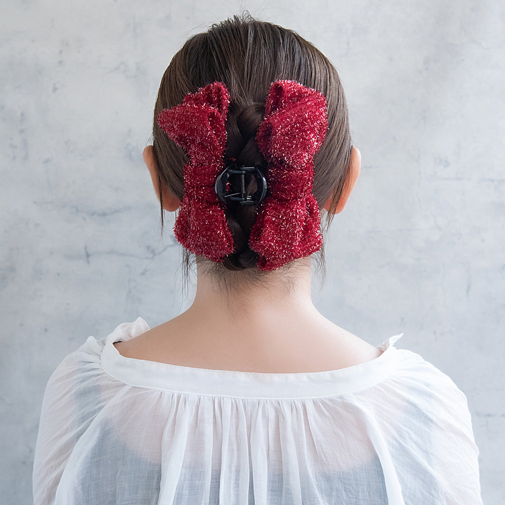 ヘアクリップ ビッグリボン ボリュームシャギー ラメ風 ロールバンスクリップ