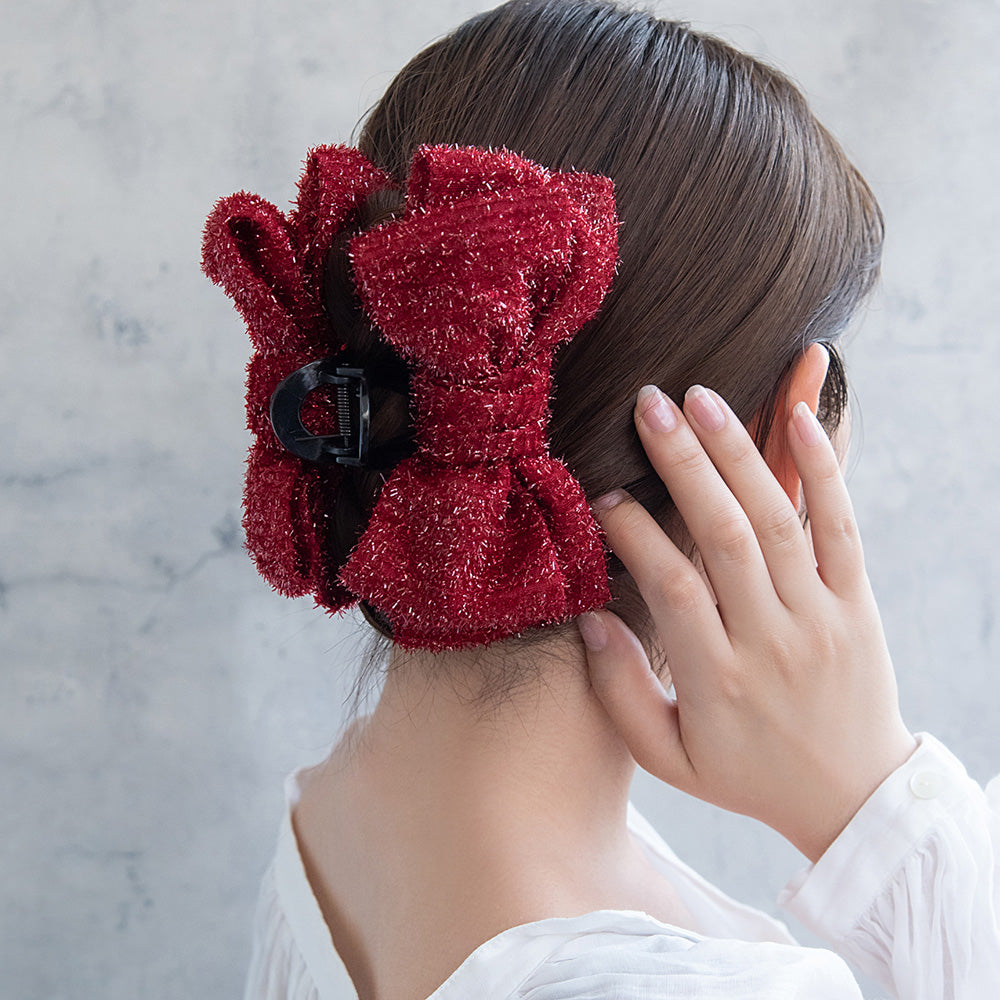 ヘアクリップ ビッグリボン ボリュームシャギー ラメ風 ロールバンスクリップ
