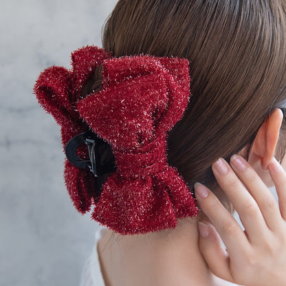 ヘアクリップ ビッグリボン ボリュームシャギー ラメ風 ロールバンスクリップ