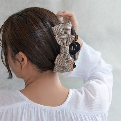 ヘアクリップ チェック柄 ブラック リボン ロールバンスクリップ