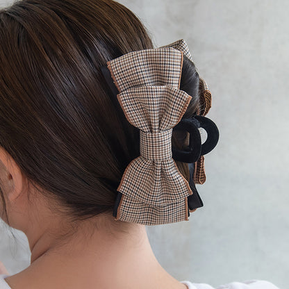 ヘアクリップ チェック柄 ブラック リボン ロールバンスクリップ