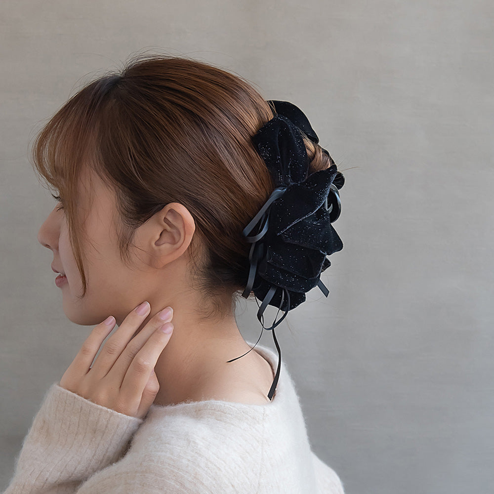 ヘアクリップ ベロア シマー ラメ ボリューム フリル ナロー リボン ロール バンスクリップ
