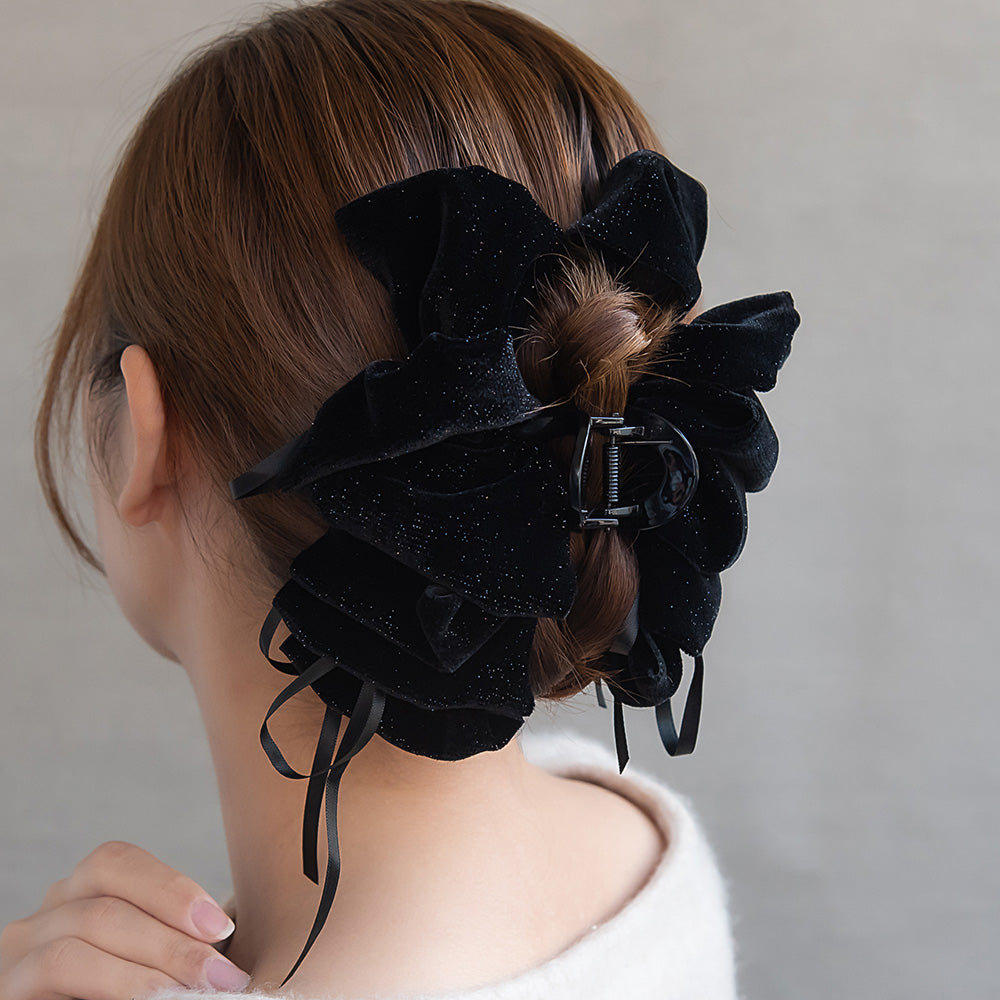 ヘアクリップ ベロア シマー ラメ ボリューム フリル ナロー リボン ロール バンスクリップ