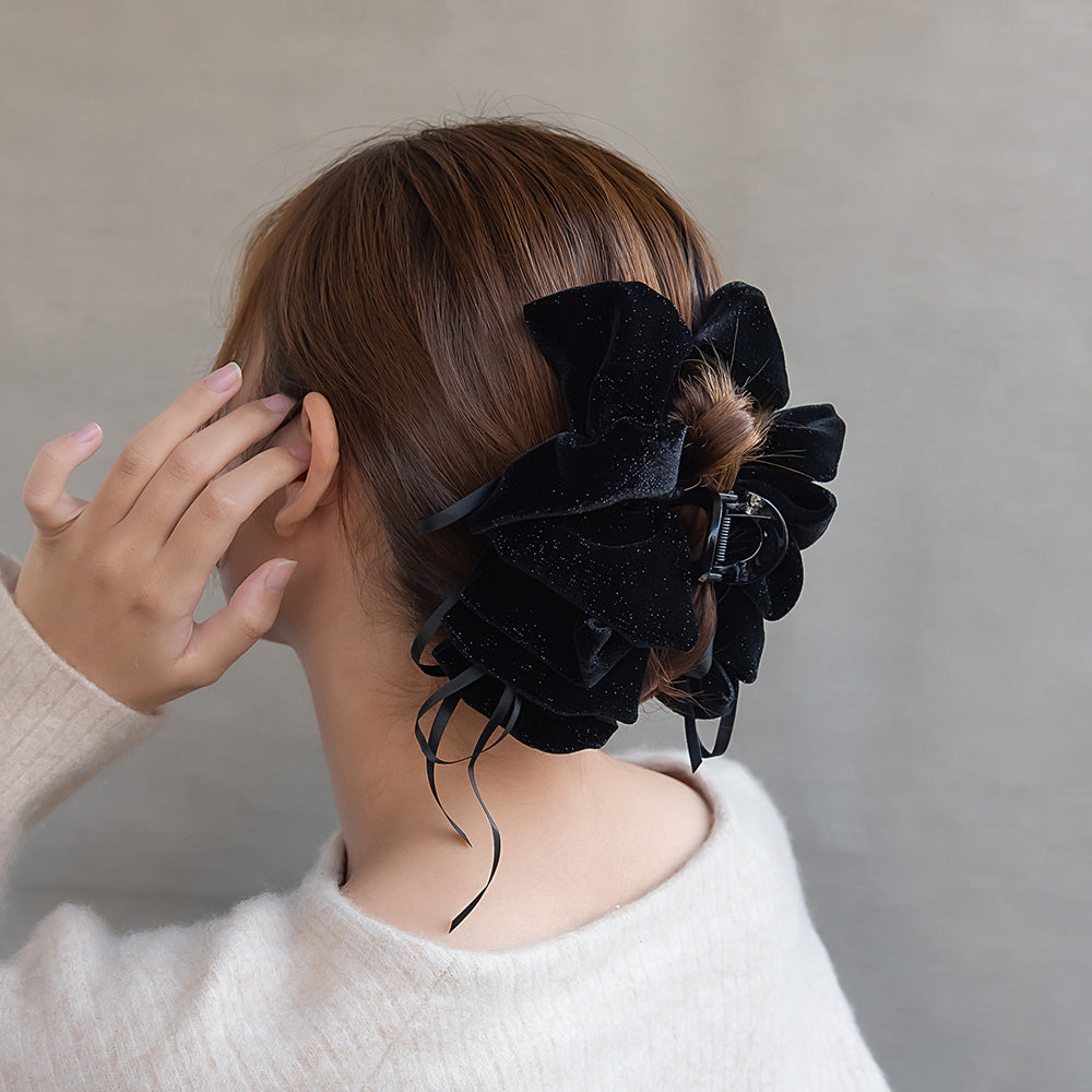 ヘアクリップ ベロア シマー ラメ ボリューム フリル ナロー リボン ロール バンスクリップ