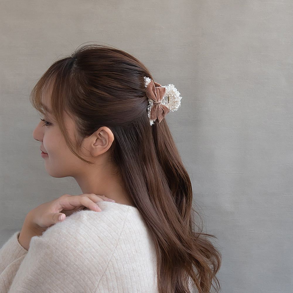 ヘアクリップ ミックス カラー 毛糸 ツイード風 ベロア リボン クリア ロール バンスクリップ