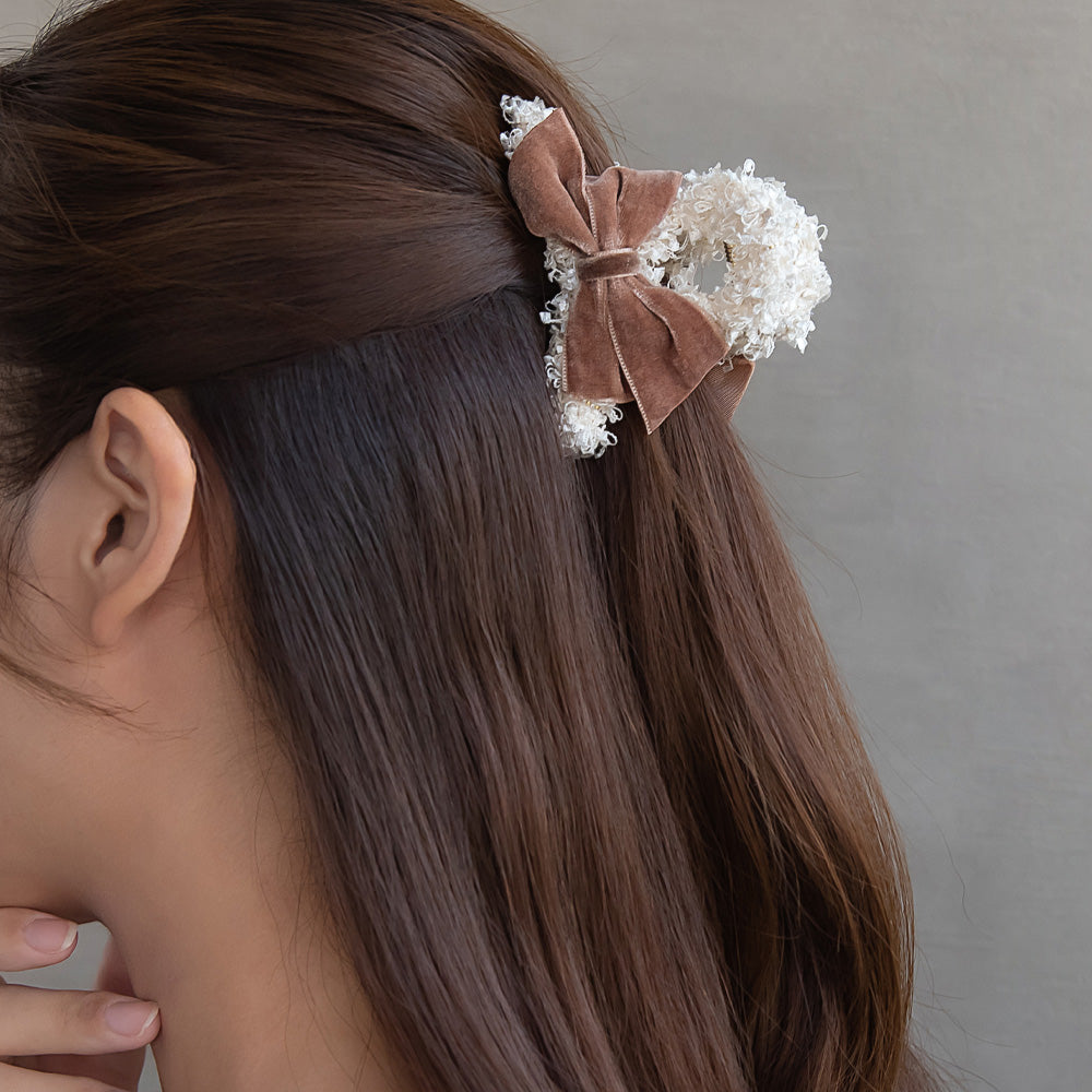 ヘアクリップ ミックス カラー 毛糸 ツイード風 ベロア リボン クリア ロール バンスクリップ