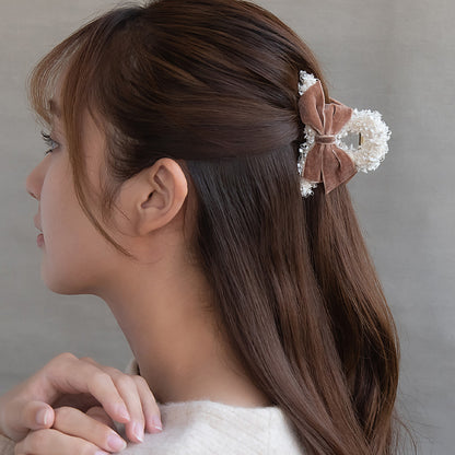 ヘアクリップ ミックス カラー 毛糸 ツイード風 ベロア リボン クリア ロール バンスクリップ