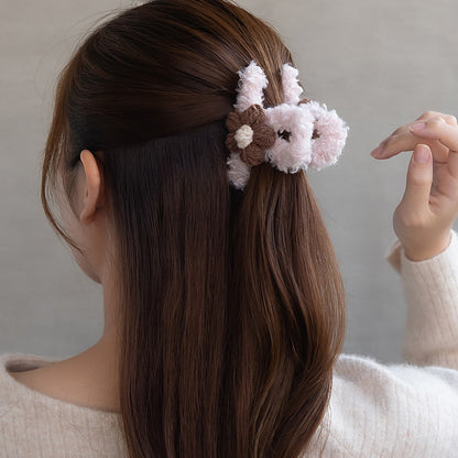 ヘアクリップ 毛糸 かぎ編み フラワー もこもこ ロール バンスクリップ