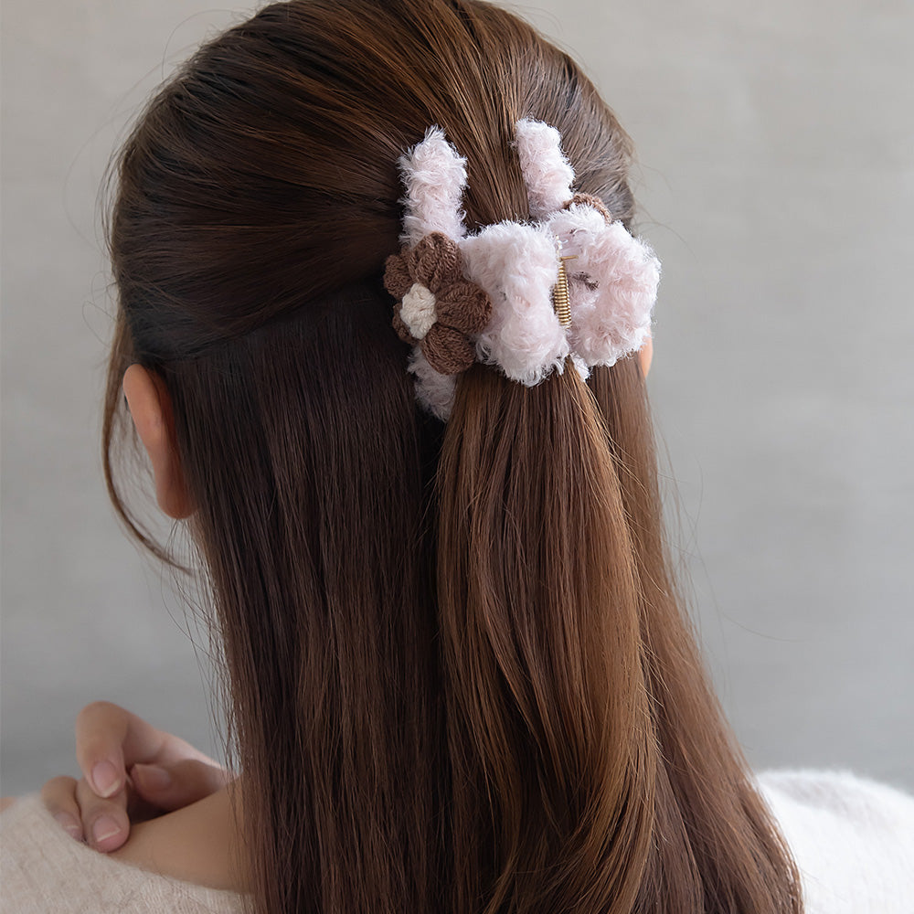 ヘアクリップ 毛糸 かぎ編み フラワー もこもこ ロール バンスクリップ