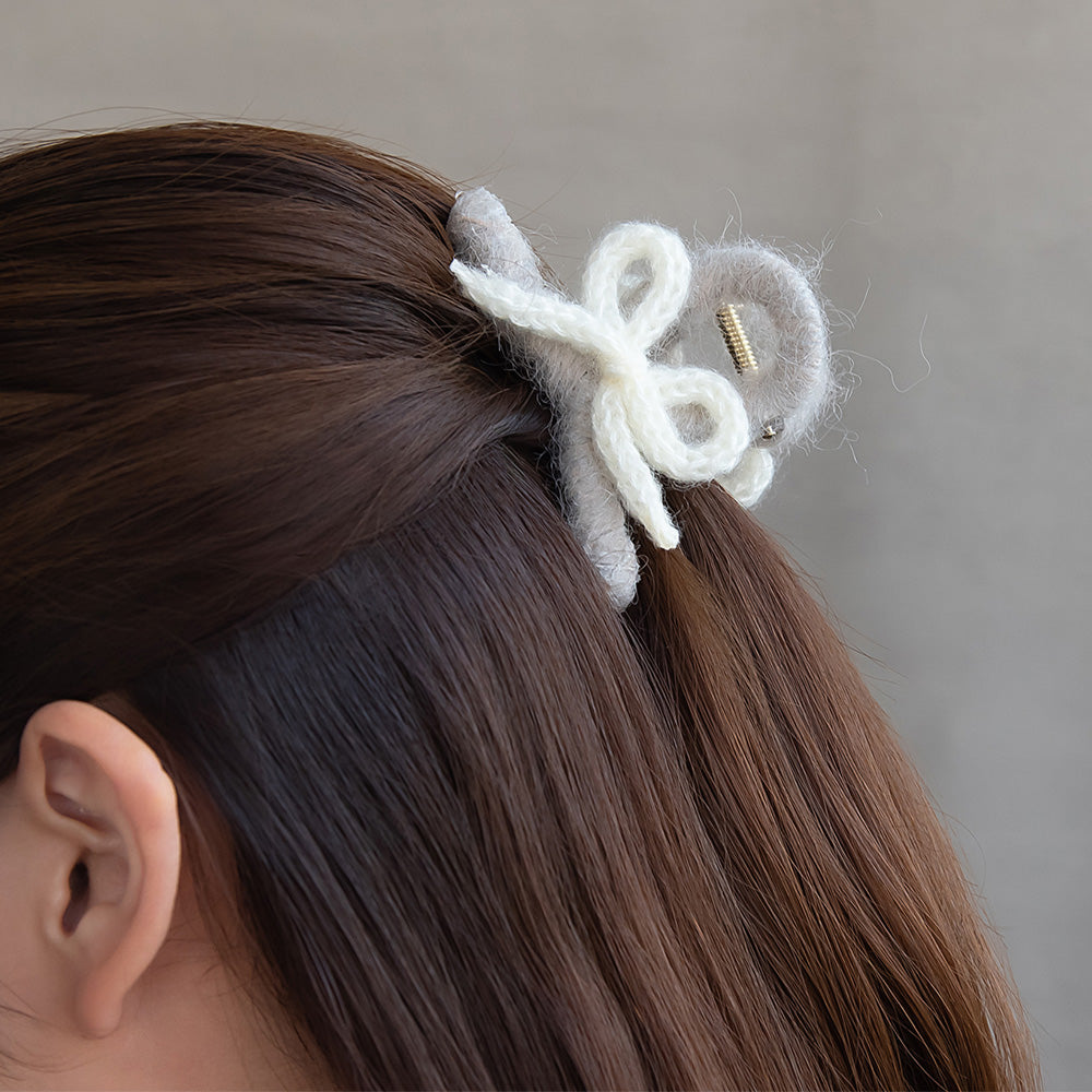 ヘアクリップ 毛糸 かぎ編み リボン ふわふわ ロール バンスクリップ