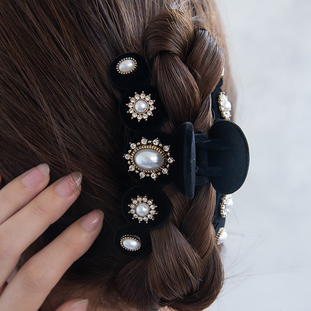 ヘアクリップ フロッキー パール ビジュー アンティーク調 バンス