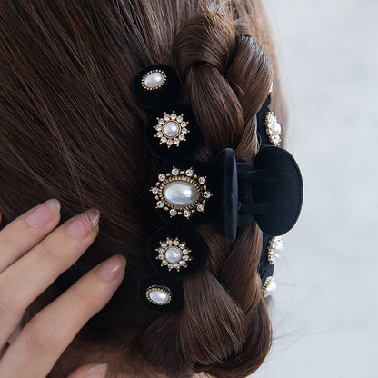 ヘアクリップ フロッキー パール ビジュー アンティーク調 バンスクリップ