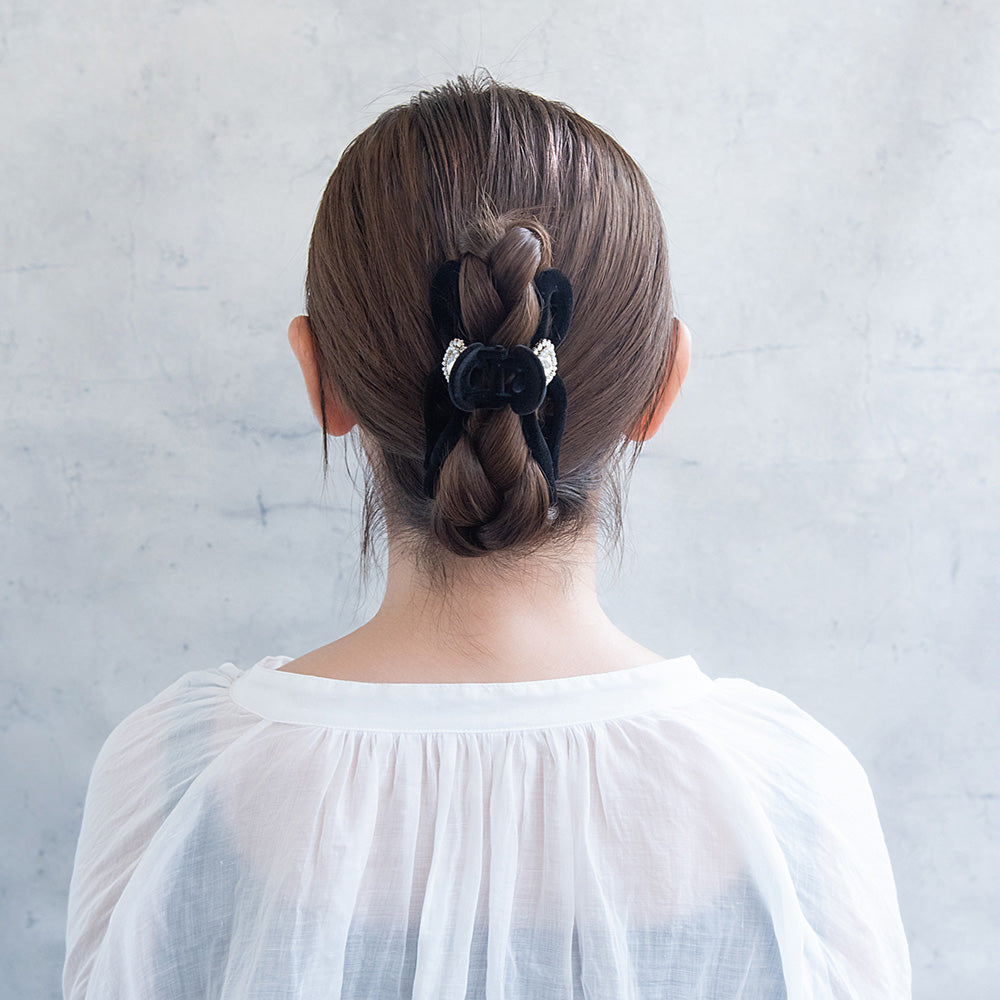 ヘアクリップ フロッキー パール ビジュー アンティーク調 リボン バンスクリップ