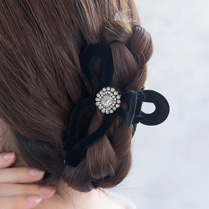 ヘアクリップ フロッキー パール ビジュー アンティーク調 リボン バンスクリップ