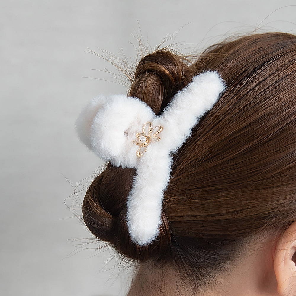 ヘアクリップ エコファー ロール フラワー メタル パール バンスクリップ