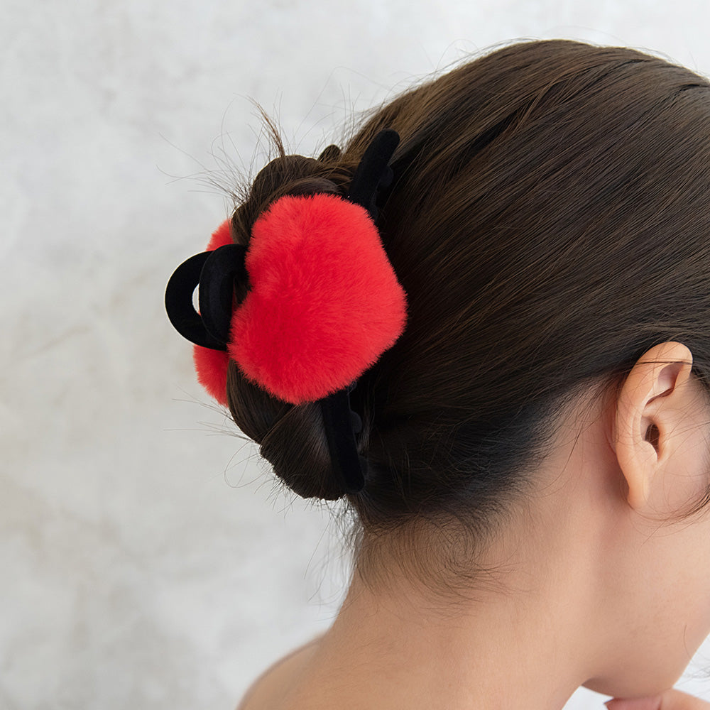 ヘアクリップ ハート フェイクファー フロッキー ロール バンス