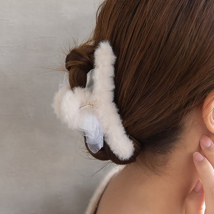 ヘアクリップ リボン エコファー ストーン ロール バンスクリップ