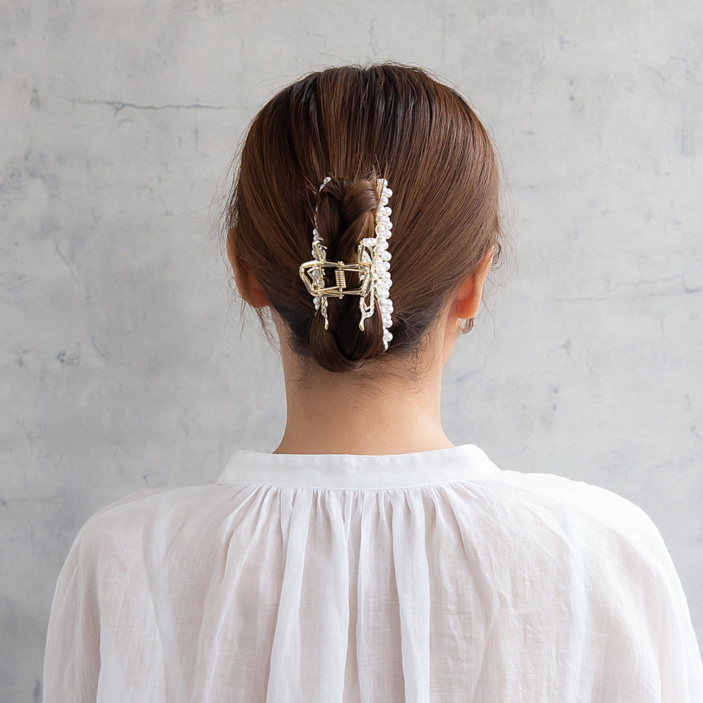 ヘアクリップ メタル バタフライ パール ラインストーン バンスクリップ