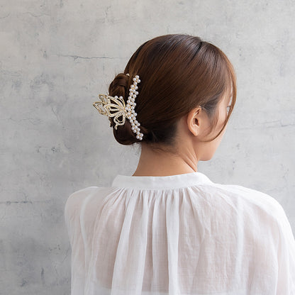 ヘアクリップ メタル バタフライ パール ラインストーン バンスクリップ