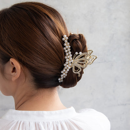 ヘアクリップ メタル バタフライ パール ラインストーン バンスクリップ