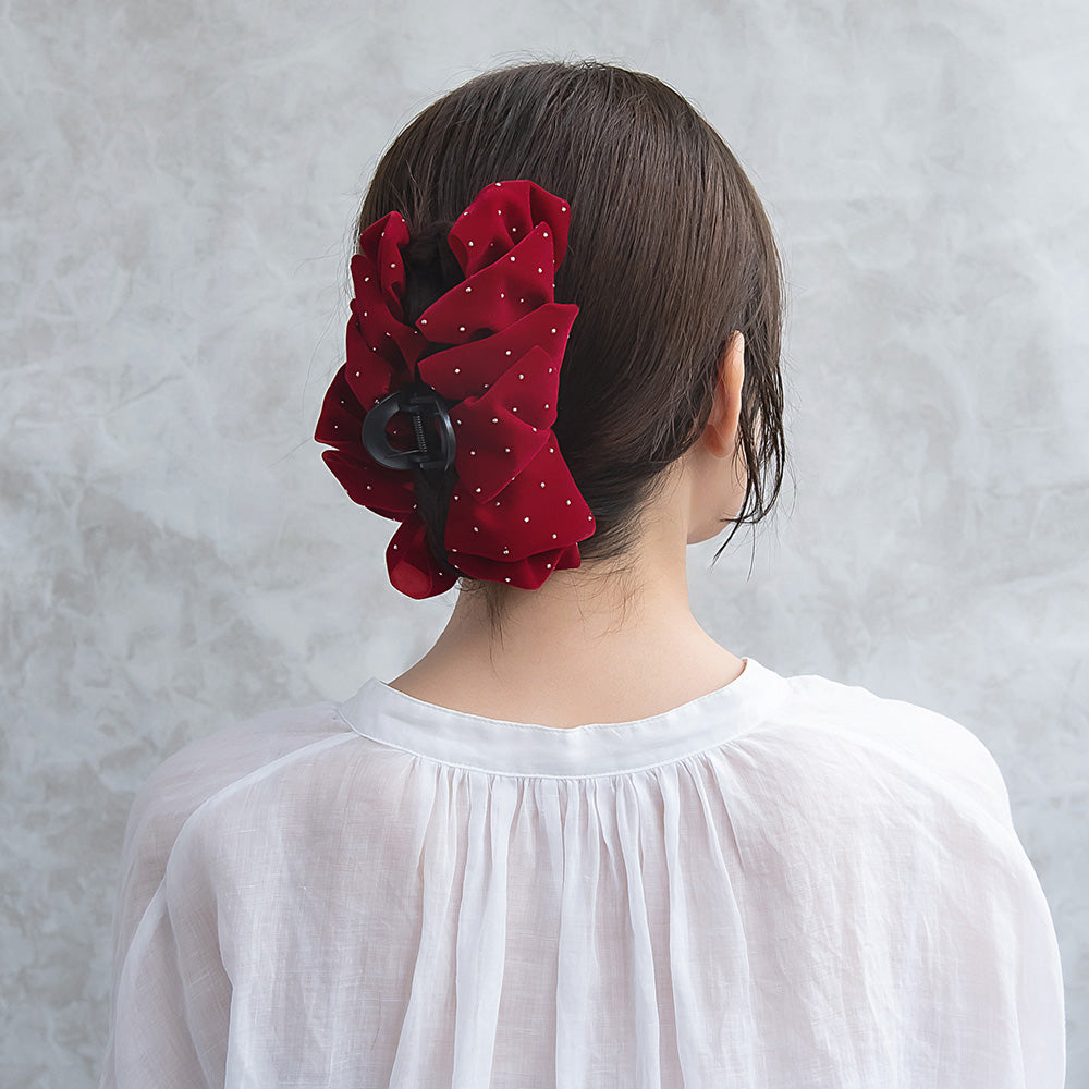 ヘアクリップ ベロア フリル ゴールドピンドット バンスクリップ