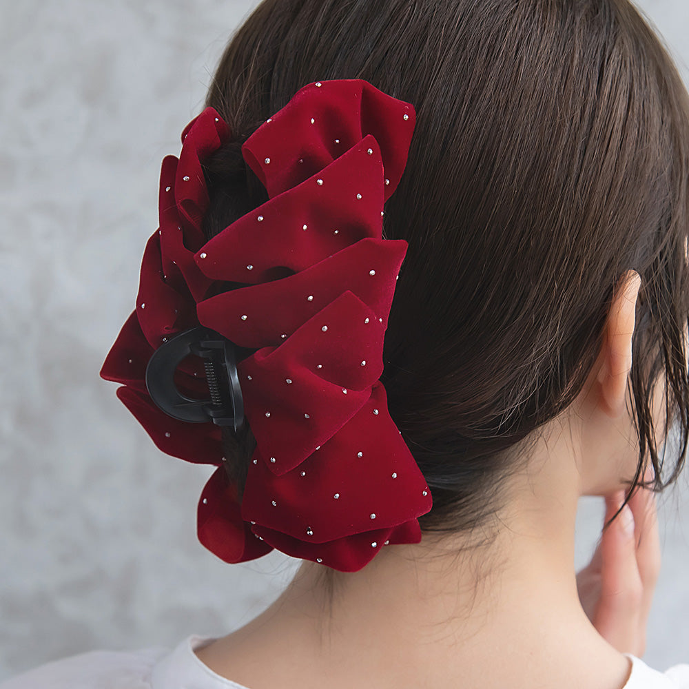ヘアクリップ ベロア フリル ゴールドピンドット バンスクリップ