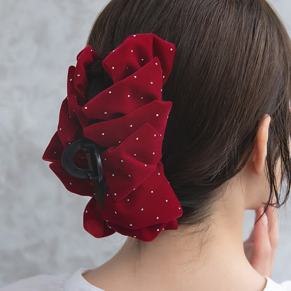 ヘアクリップ ベロア フリル ゴールドピンドット バンスクリップ