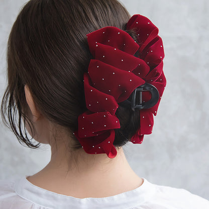 ヘアクリップ ベロア フリル ゴールドピンドット バンスクリップ