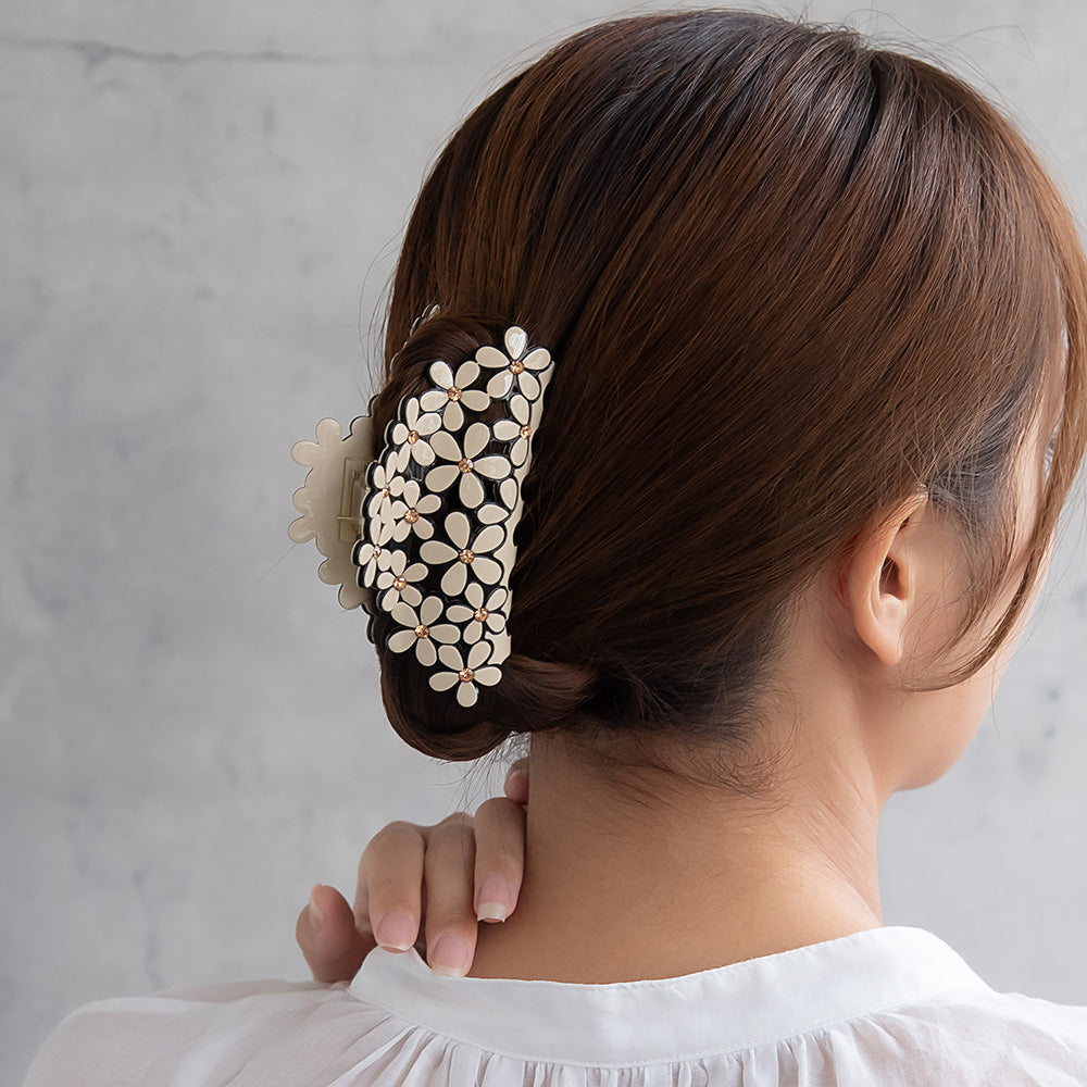 ヘアクリップ メニー フラワー ストーン バイカラー バンスクリップ
