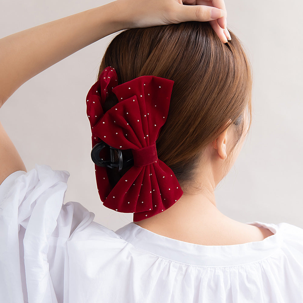 ヘアクリップ ベロアリボン ゴールドピンドット バンスクリップ