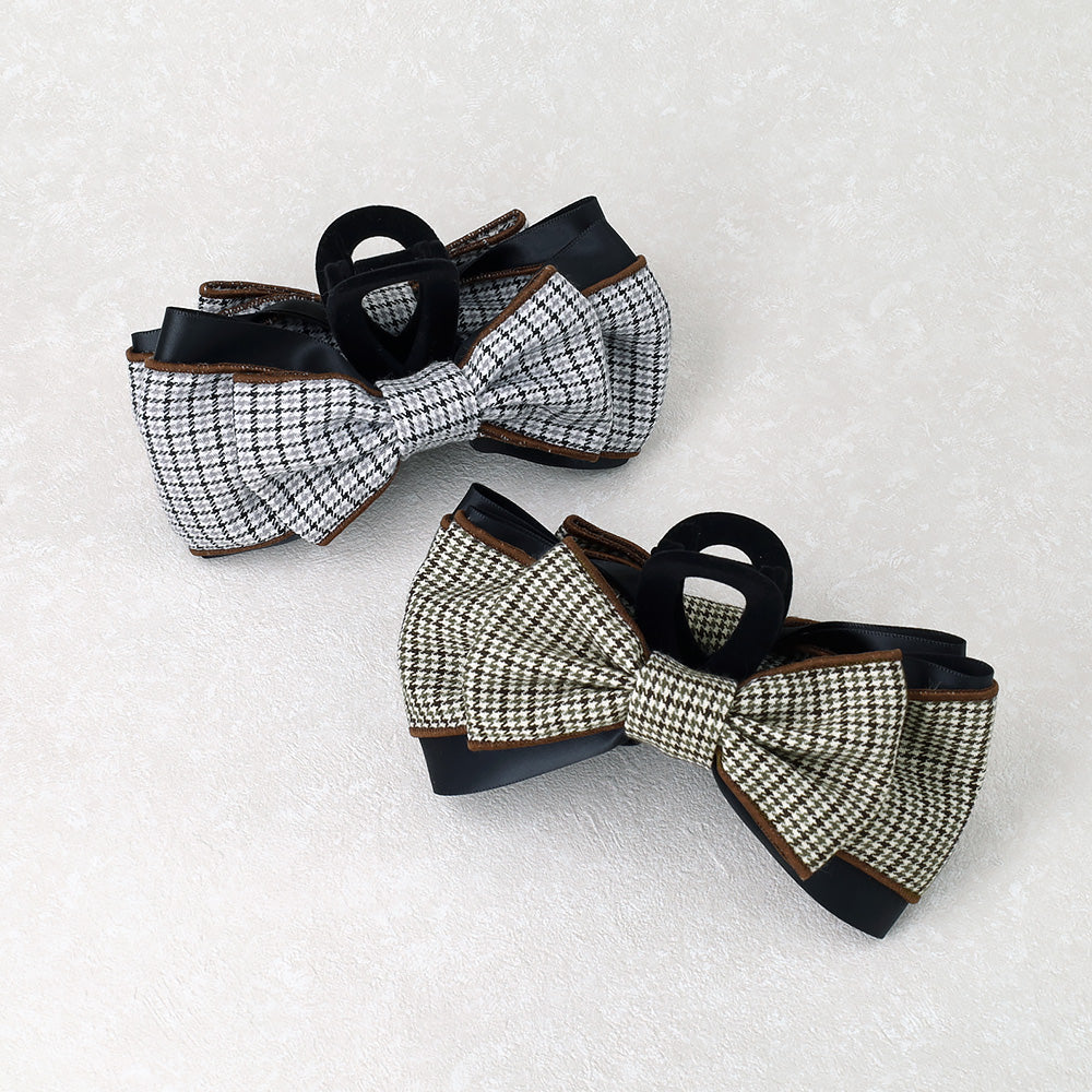 ヘアクリップ チェック柄 ブラック リボン フロッキー バンスクリップ