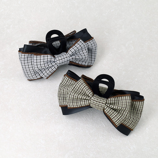 ヘアクリップ チェック柄 ブラック リボン フロッキー バンスクリップ