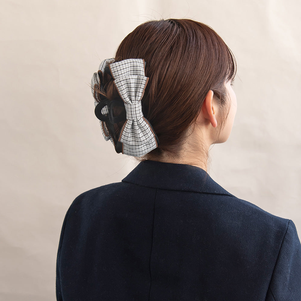 ヘアクリップ チェック柄 ブラック リボン フロッキー バンスクリップ