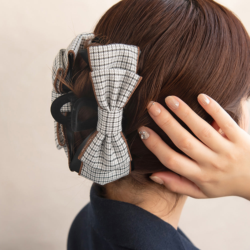 チェック柄 ヘアクリップ 巾着袋付き ヘアクリップ チェック柄 ブラック リボン フロッキー バンスクリップ