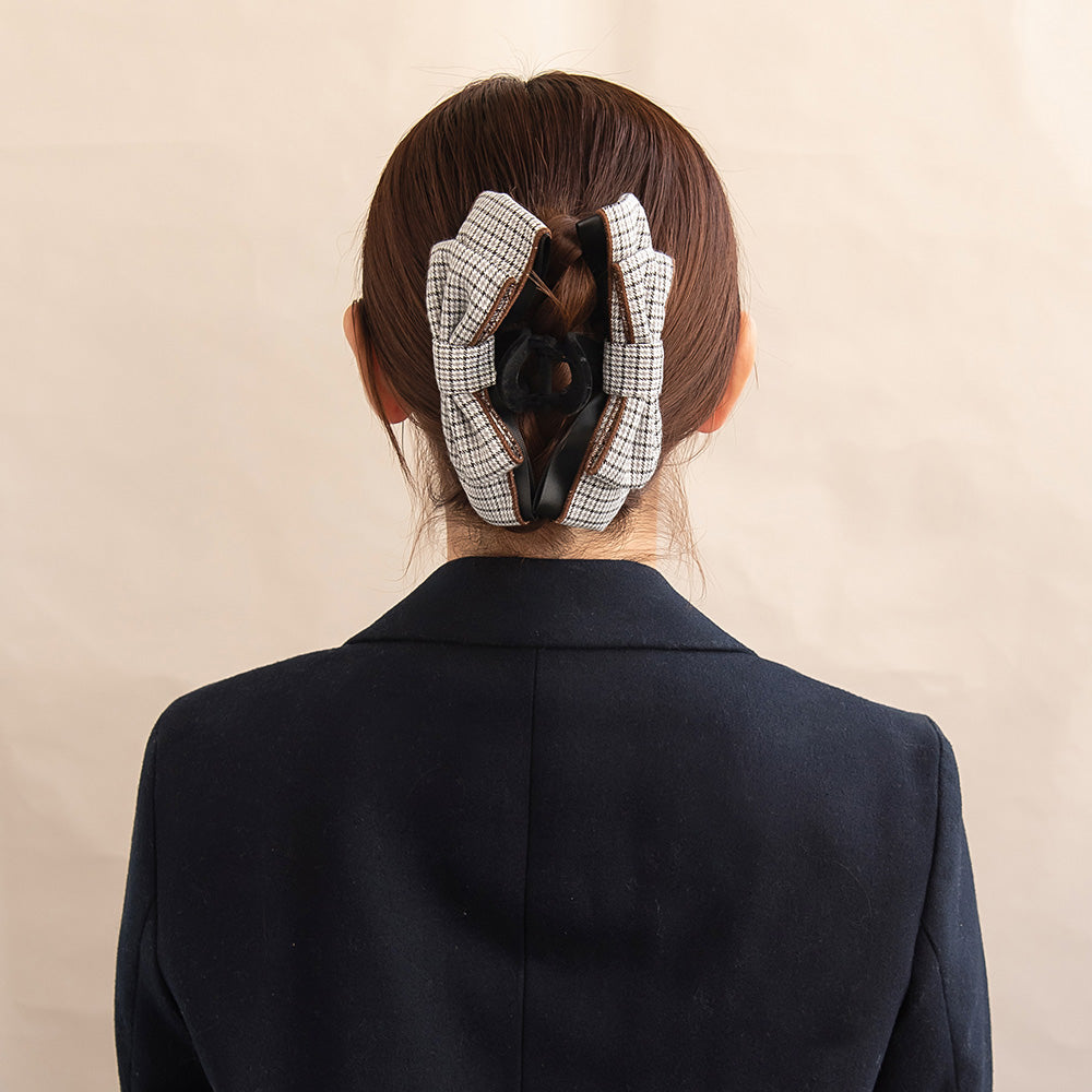 ヘアクリップ チェック柄 ブラック リボン フロッキー バンスクリップ