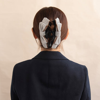 ヘアクリップ チェック柄 ブラック リボン フロッキー バンスクリップ