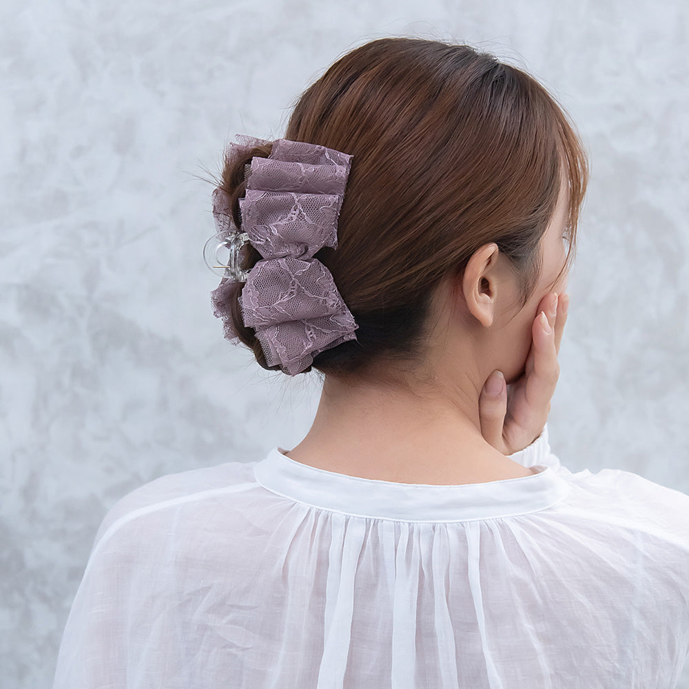 ヘアクリップ カラー 総レース リボン バンスクリップ